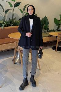 Black Jacket Collar Long Arm Viscose Fabric Jacket