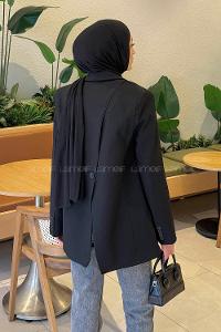 Black Jacket Collar Long Arm Viscose Fabric Jacket