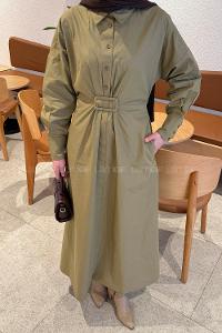 Lamelif Toka Detaylı Terikoton Elbise  Haki