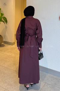 Lamelif Toka Detaylı Terikoton Elbise Mürdüm