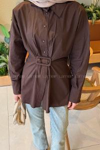 Lamelif Toka Detaylı Terikoton Gömlek Acı Kahve
