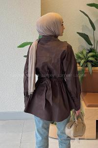 Lamelif Toka Detaylı Terikoton Gömlek Acı Kahve