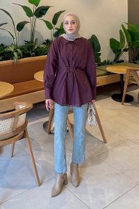 Lamelif Toka Detaylı Terikoton Gömlek Mürdüm