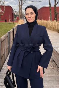 Lamelif Bağlama Detaylı Ceket-Pantolon Takım Lacivert