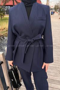Lamelif Bağlama Detaylı Ceket-Pantolon Takım Lacivert