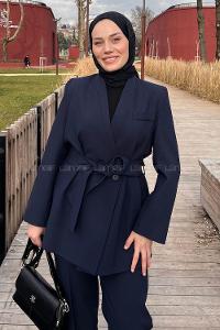 Lamelif Bağlama Detaylı Ceket-Pantolon Takım Lacivert