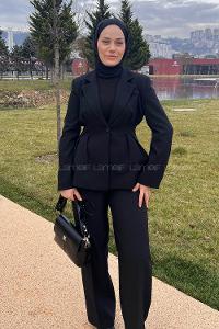 Lamelif Belden Oturtmalı Ceket-Pantolon Takım Siyah