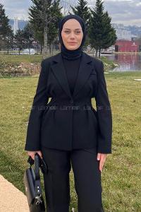Lamelif Belden Oturtmalı Ceket-Pantolon Takım Siyah