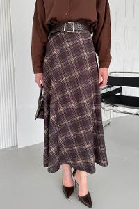 Lamelif Ekose Detay Çan Etek Kahverengi-Bej