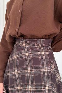 Lamelif Ekose Detay Çan Etek Kahverengi-Bej