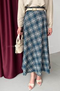 Lamelif Ekose Detay Çan Etek Petrol Mavisi