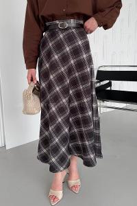 Lamelif Ekose Detay Çan Etek Siyah-Kahverengi