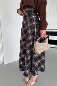 Lamelif Ekose Detay Çan Etek Siyah-Kahverengi