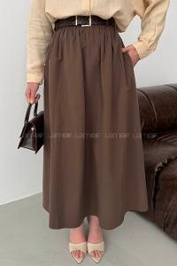 Lamelif Kemerli Büzgülü Etek Kahverengi