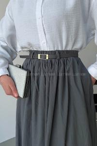 Lamelif Kemerli Cepli Tesettür Etek Gri