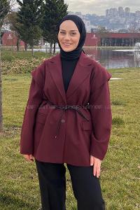 Lamelif Kol Detaylı Oversize Ceket Bordo