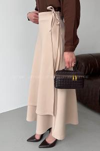 Lamelif Scuba Yandan Bağlamalı Çan Etek Bej