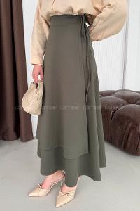 Lamelif Scuba Yandan Bağlamalı Çan Etek Haki