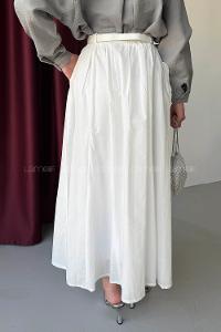 Lamelif Vual Kemerli Tesettür Etek Beyaz