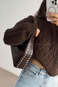 Lamelif Gümüş Nokta Detaylı Kadın Yumuşak Deri Kadın Çanta Acı Kahve