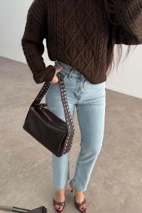 Lamelif Gümüş Nokta Detaylı Kadın Yumuşak Deri Kadın Çanta Acı Kahve