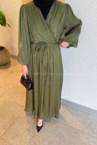 Lamelif Balon Kol Organze Elbise Haki