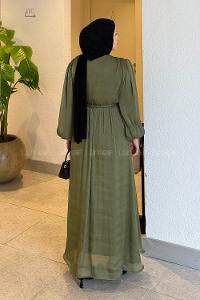 Lamelif Balon Kol Organze Elbise Haki