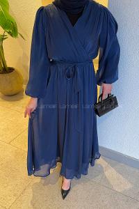 Lamelif Balon Kol Organze Elbise Lacivert