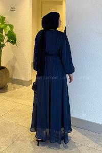 Lamelif Balon Kol Organze Elbise Lacivert