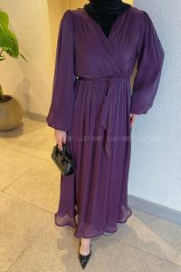 Lamelif Balon Kol Organze Elbise Mor