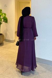 Lamelif Balon Kol Organze Elbise Mor