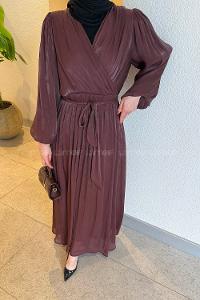 Lamelif Balon Kol Organze Elbise Mürdüm