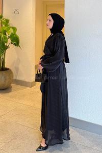 Lamelif Balon Kol Organze Elbise Siyah