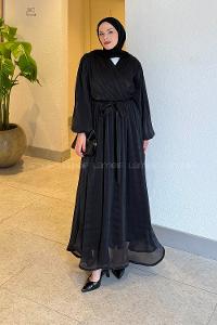 Lamelif Balon Kol Organze Elbise Siyah