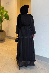 Lamelif Balon Kol Organze Elbise Siyah