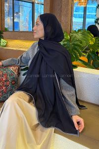 Lamelif Biyeli Müslin Şal Lacivert Gri