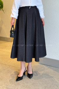 Lamelif Dikiş Detaylı Kot Etek Kot Mavisi