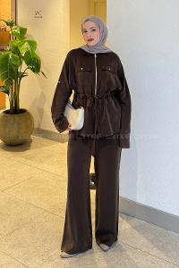 Lamelif Pantolonlu Takım Kahverengi