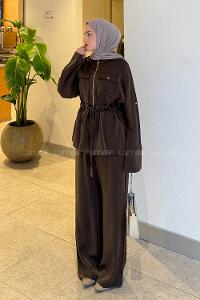 Lamelif Pantolonlu Takım Kahverengi