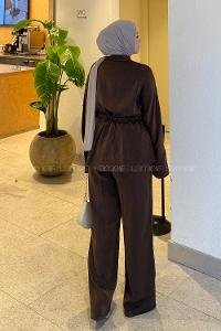 Lamelif Pantolonlu Takım Kahverengi