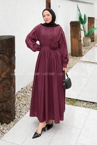 Lamelif Pileli Poplin Elbise Bordo