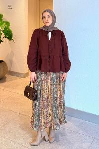 Lamelif V Yaka Kolları Lastikli Müslin Tesettür Gömlek Bordo