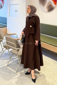 Lamelif Yan Bağlama Detaylı Etekli Takım Acı Kahve