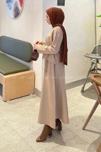 Lamelif Yan Bağlama Detaylı Etekli Takım Bej