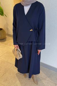 Lamelif Yan Bağlama Detaylı Etekli Takım Lacivert