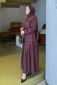 Lamelif Bağlama Detaylı Tesettür Elbise Acı Kahve