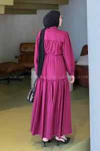 Lamelif Bağlama Detaylı Tesettür Elbise Mürdüm