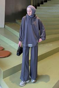 Anthracite Medium Crew Neck Long Arm Without Accessories Cotton Flared Trousers Comfortable Suit