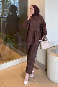 Lamelif Fırfırlı Bluz Pantolon Takım Acı Kahve