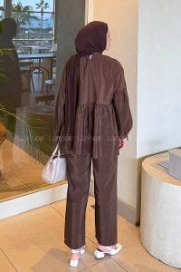 Lamelif Fırfırlı Bluz Pantolon Takım Acı Kahve